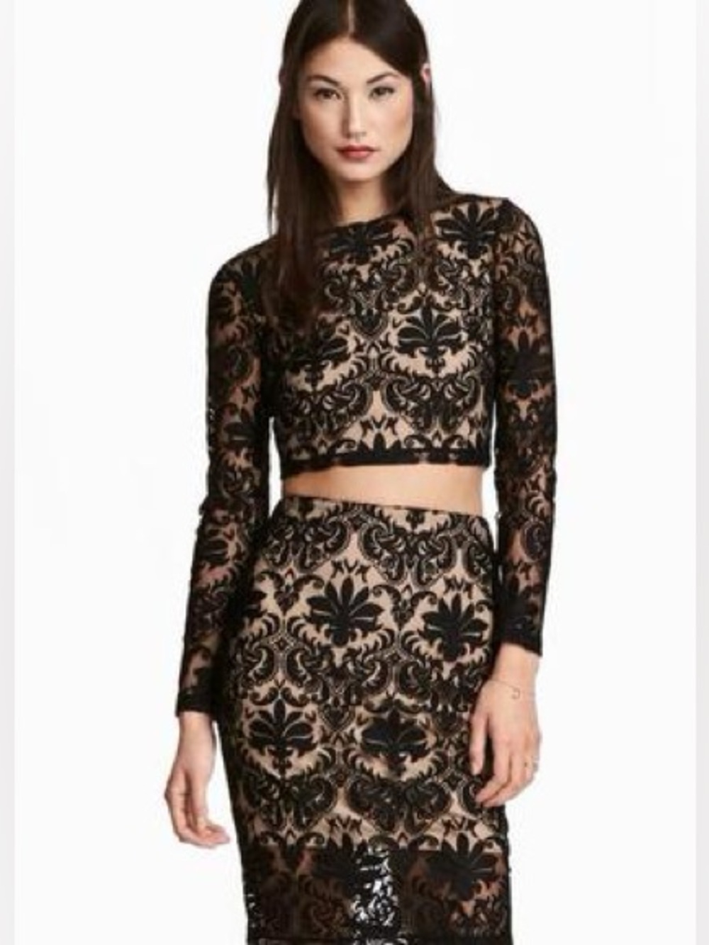 two piece lace Black Lace Pencil Skirt with Nude Lining with top